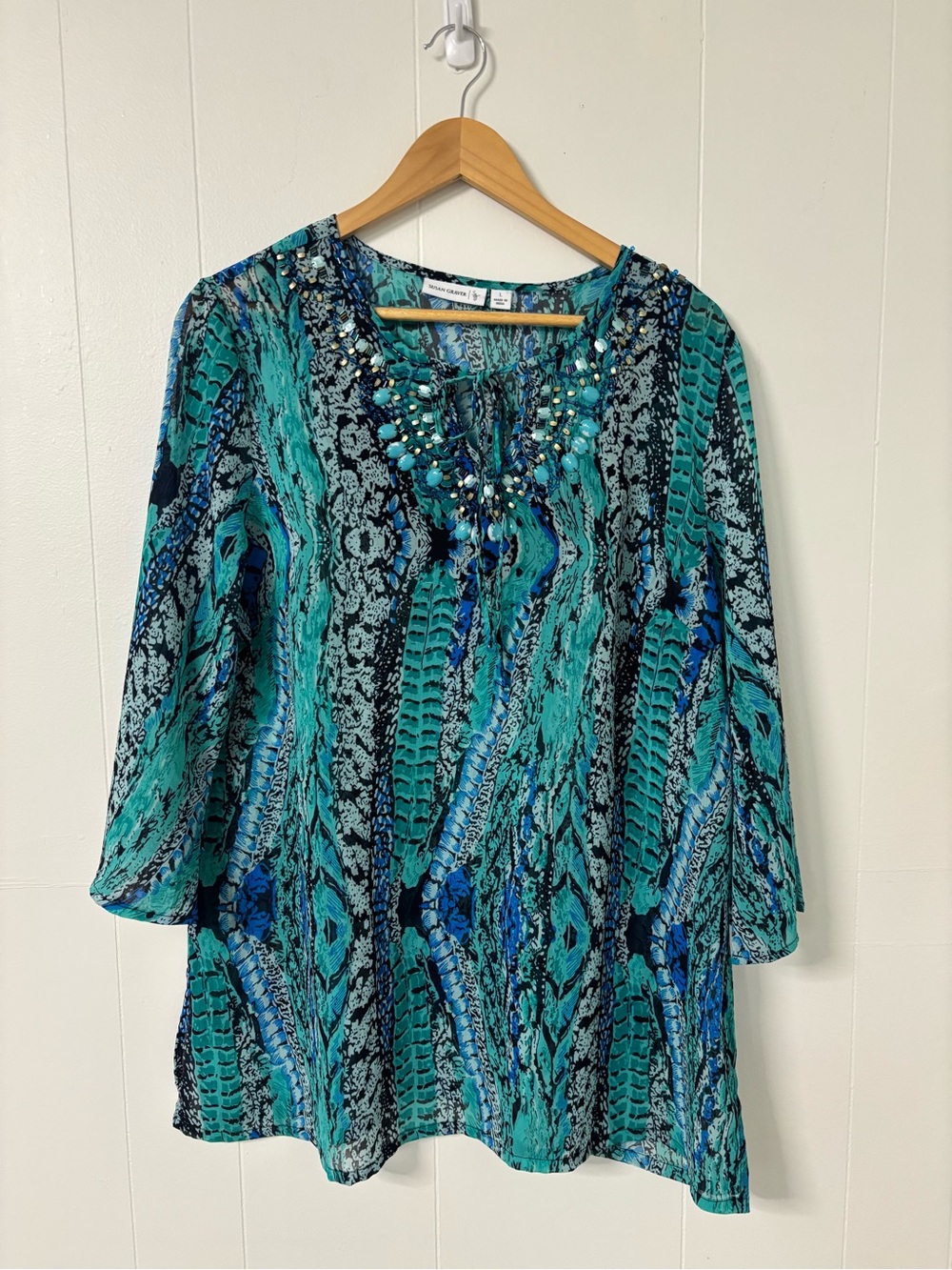 Susan Graver Teal & Navy Beaded V-Neck Tunic